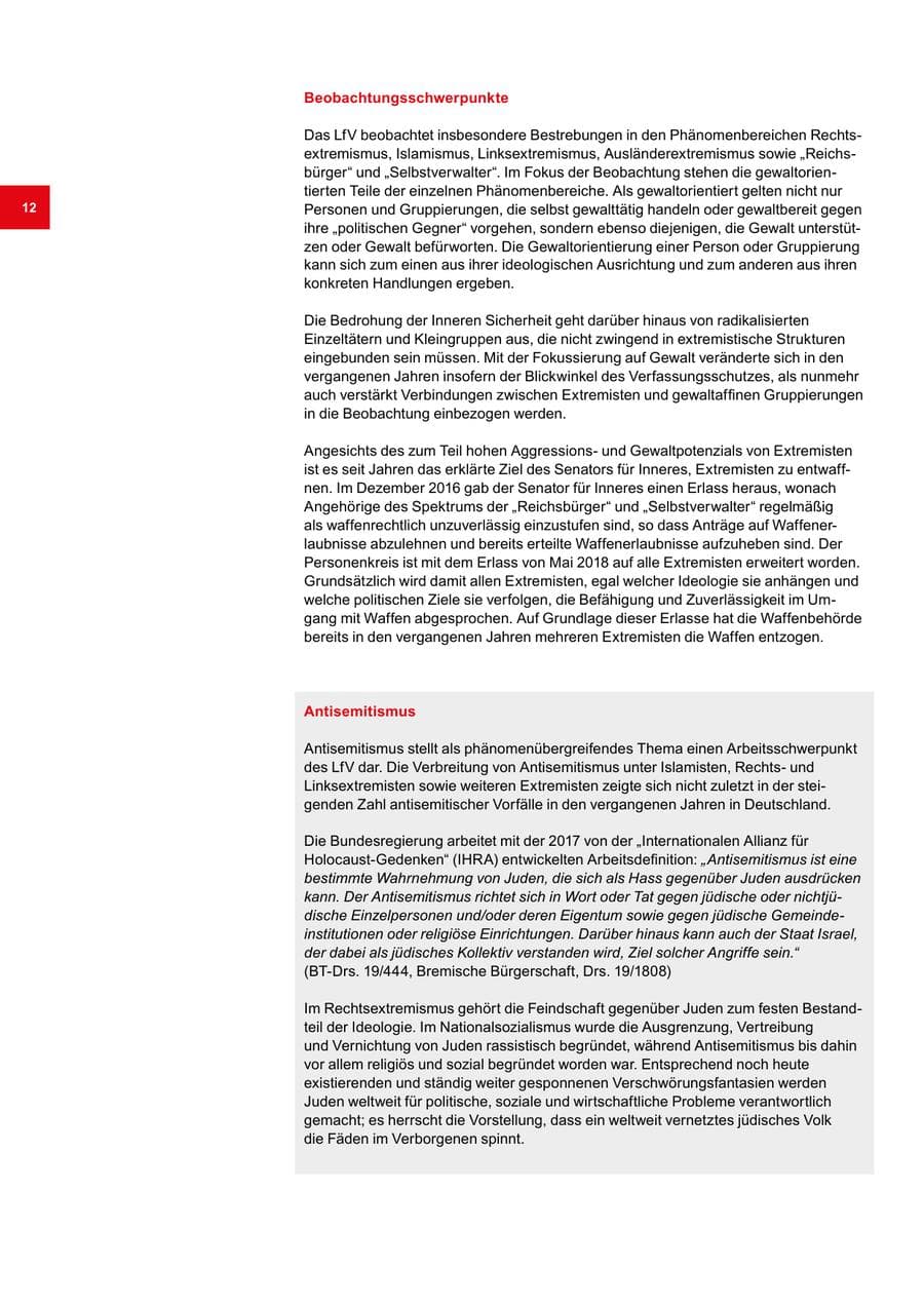 Seite 12 des Verfassungsschutzbericht 2018 Bremen
