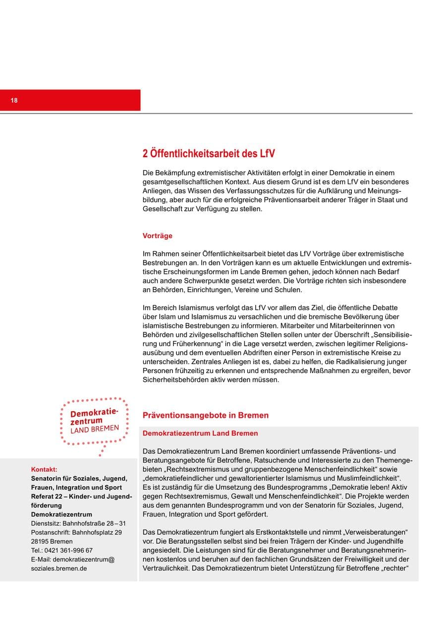 Seite 18 des Verfassungsschutzbericht 2018 Bremen