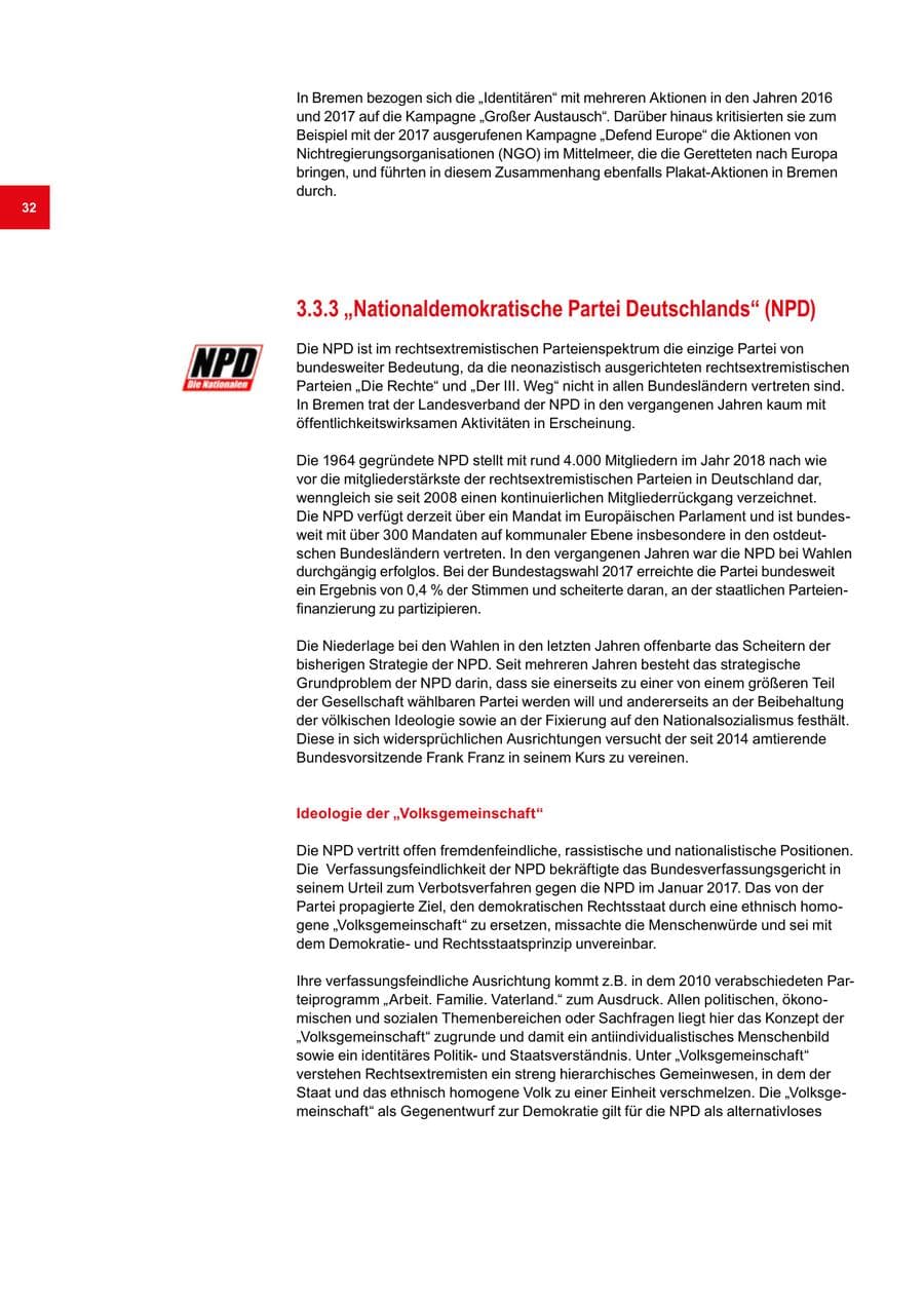 Seite 32 des Verfassungsschutzbericht 2018 Bremen