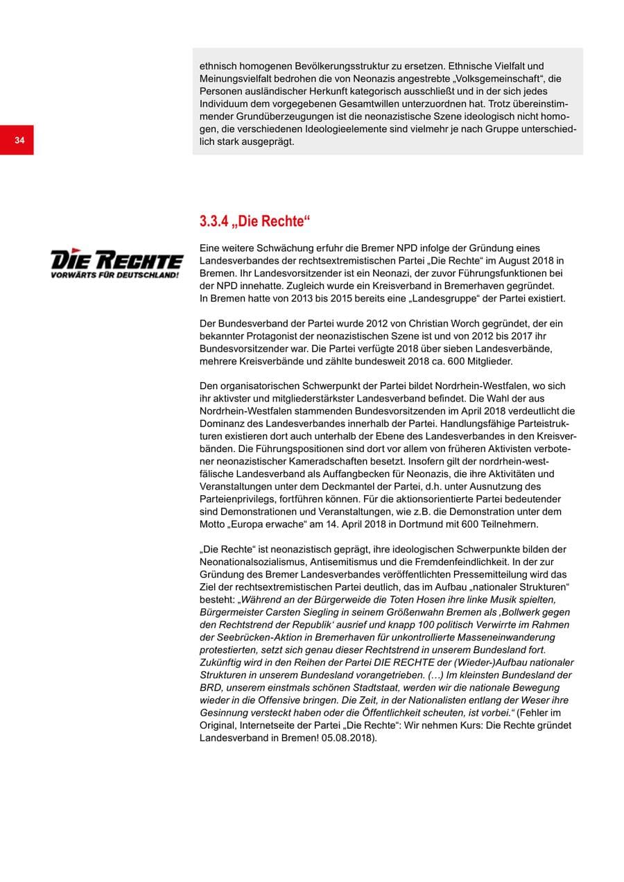 Seite 34 des Verfassungsschutzbericht 2018 Bremen