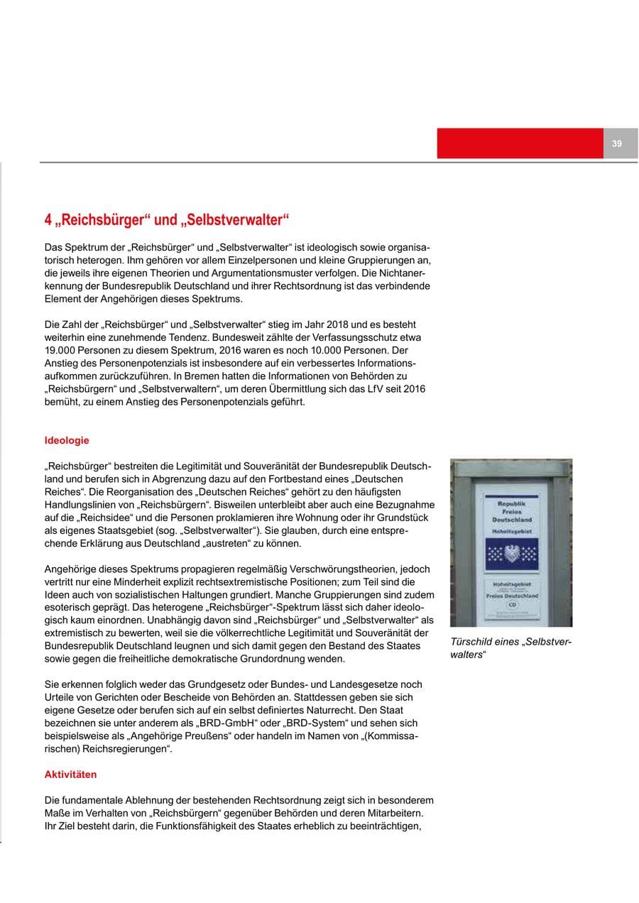Seite 39 des Verfassungsschutzbericht 2018 Bremen