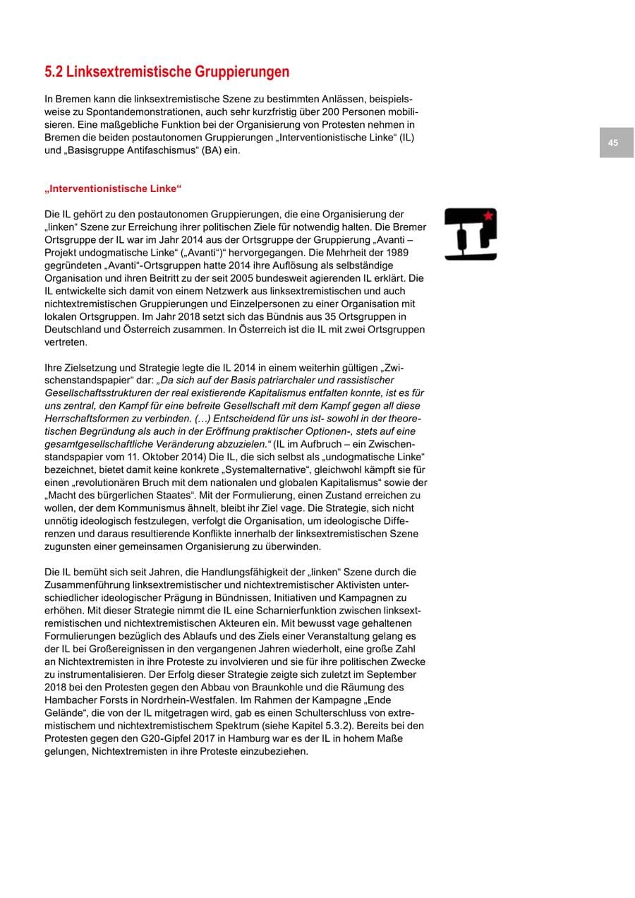 Seite 45 des Verfassungsschutzbericht 2018 Bremen