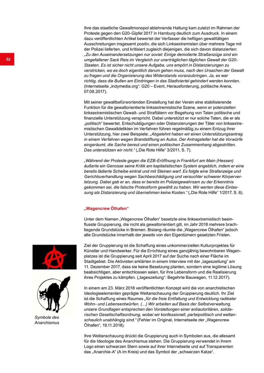 Seite 52 des Verfassungsschutzbericht 2018 Bremen