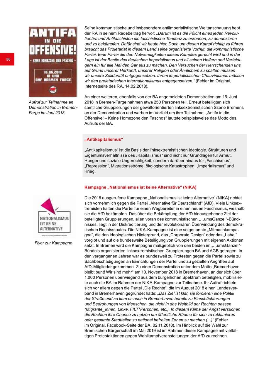 Seite 56 des Verfassungsschutzbericht 2018 Bremen