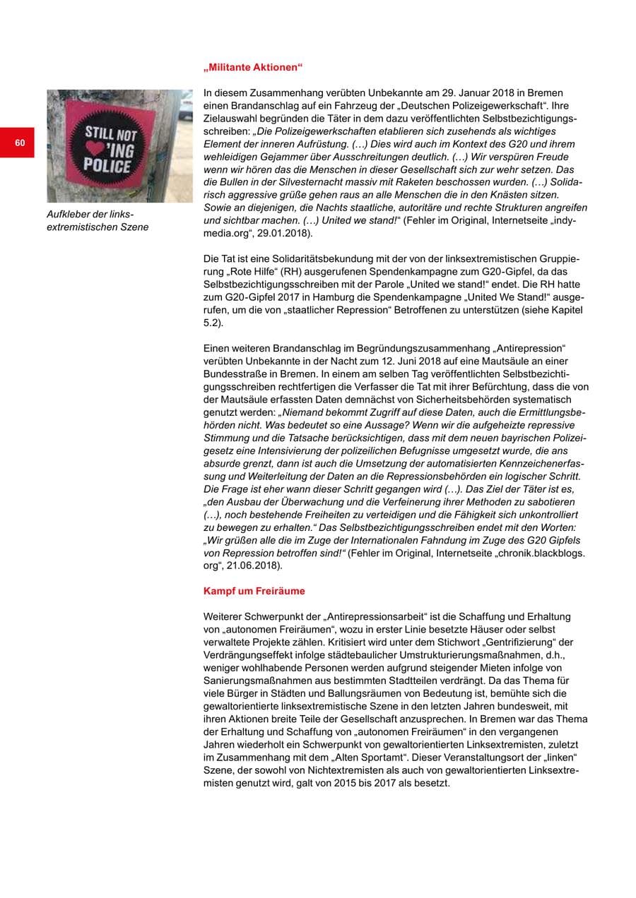 Seite 60 des Verfassungsschutzbericht 2018 Bremen