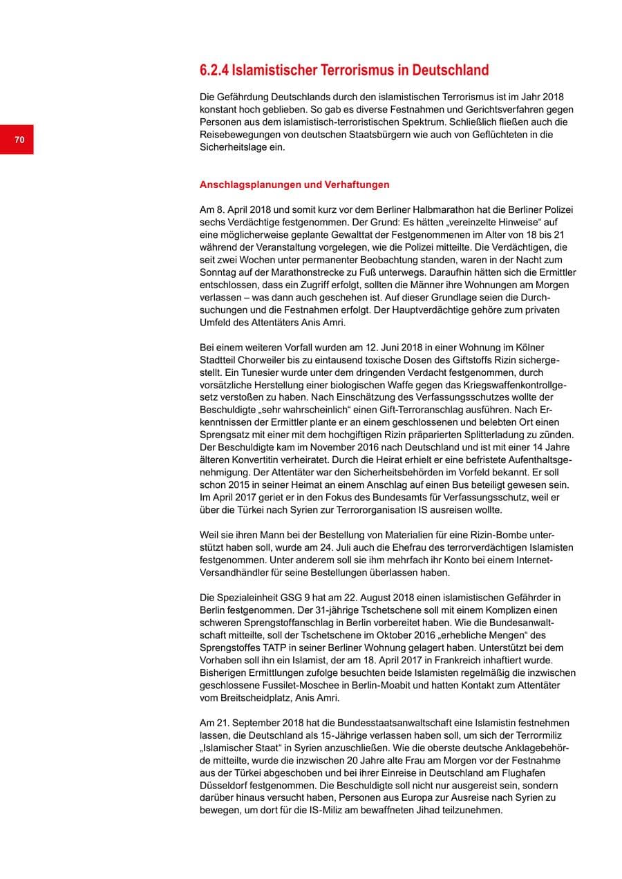 Seite 70 des Verfassungsschutzbericht 2018 Bremen