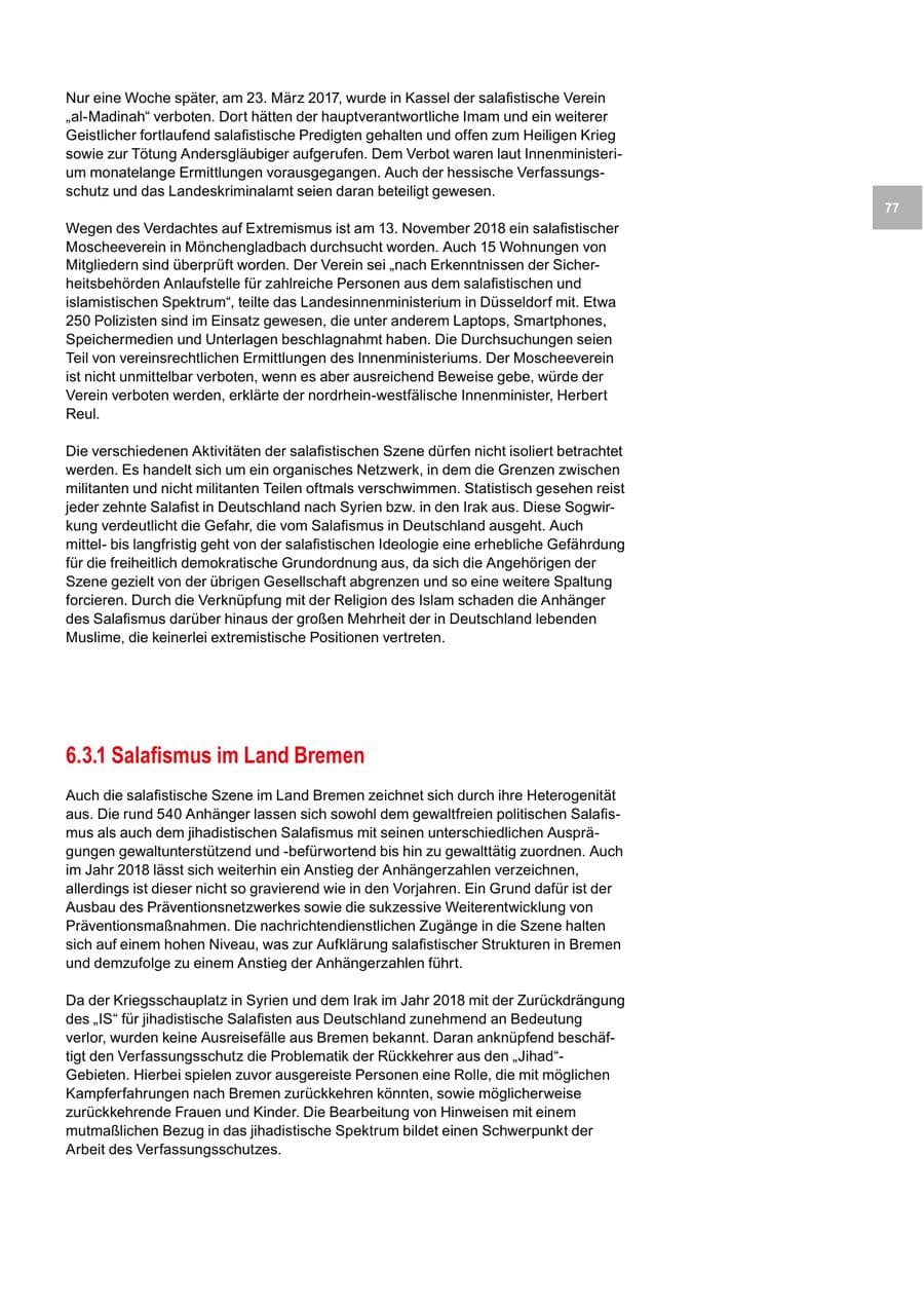 Seite 77 des Verfassungsschutzbericht 2018 Bremen