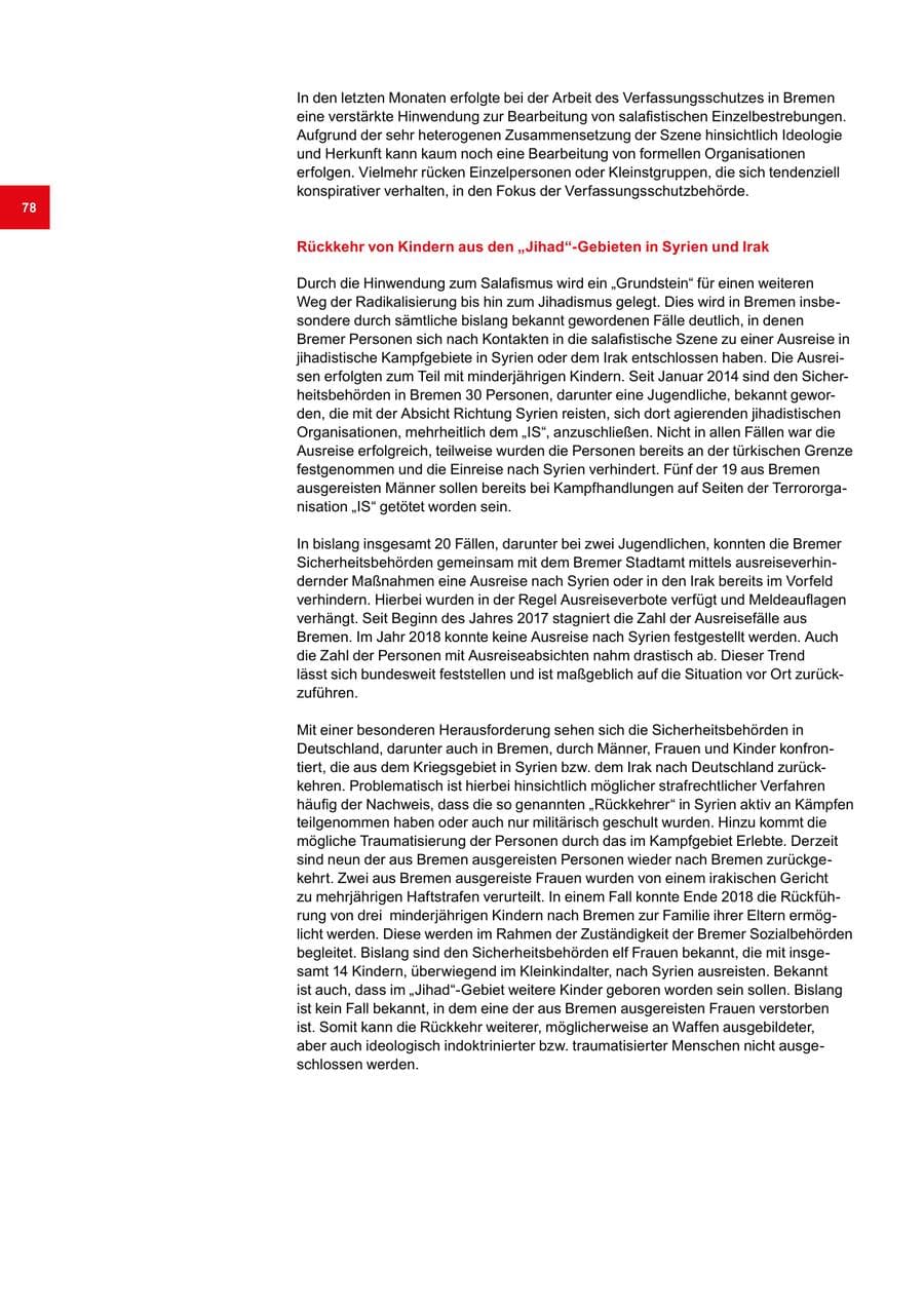 Seite 78 des Verfassungsschutzbericht 2018 Bremen