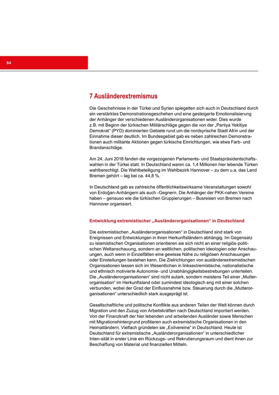 Seite 84 des Verfassungsschutzbericht 2018 Bremen