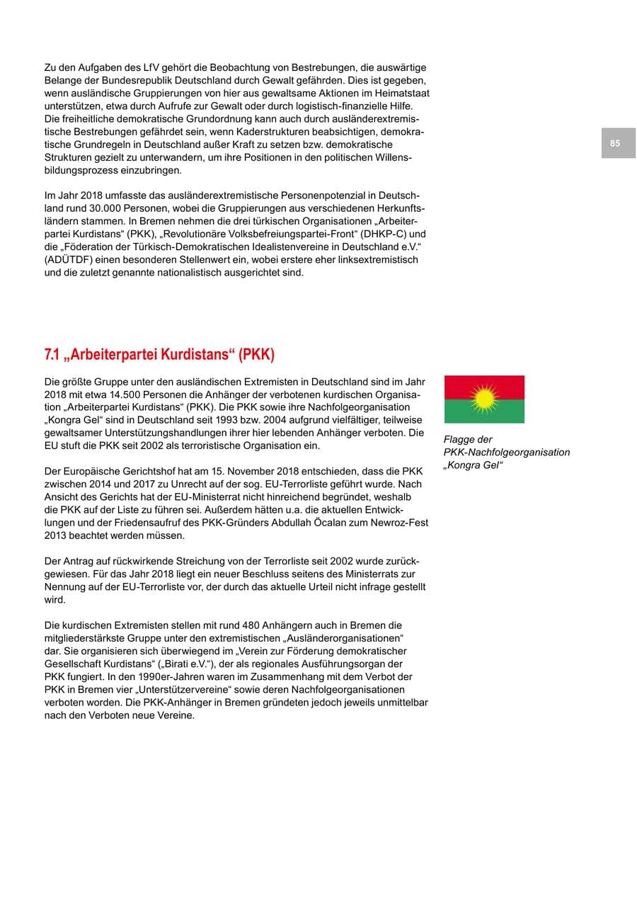 Seite 85 des Verfassungsschutzbericht 2018 Bremen