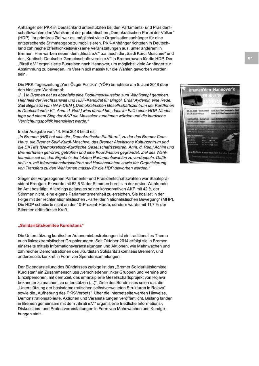 Seite 87 des Verfassungsschutzbericht 2018 Bremen