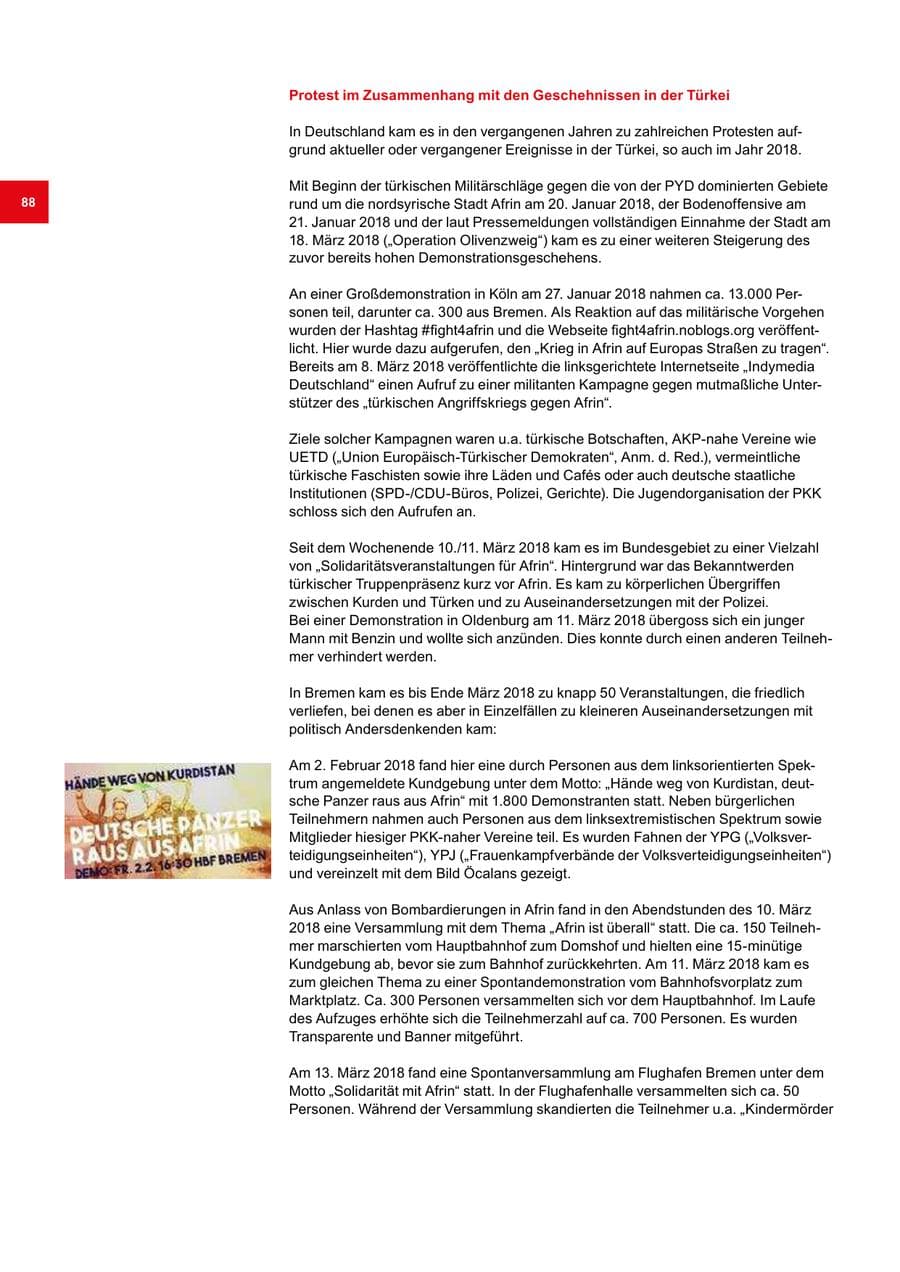 Seite 88 des Verfassungsschutzbericht 2018 Bremen