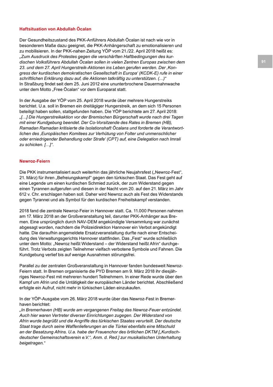 Seite 91 des Verfassungsschutzbericht 2018 Bremen