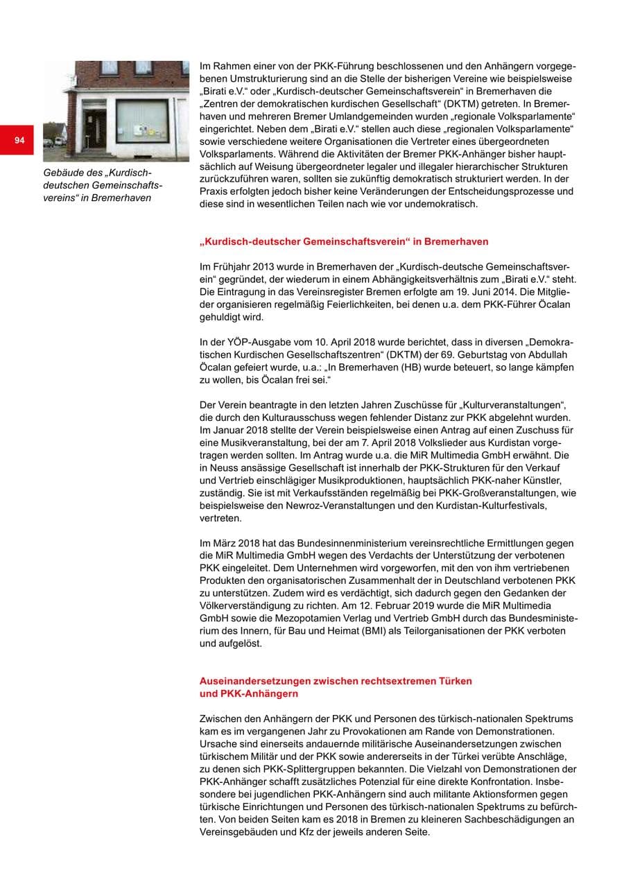 Seite 94 des Verfassungsschutzbericht 2018 Bremen