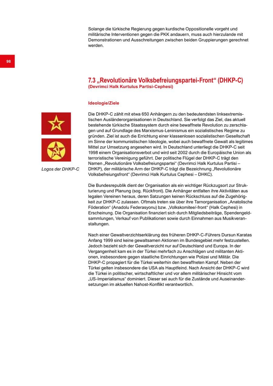 Seite 98 des Verfassungsschutzbericht 2018 Bremen