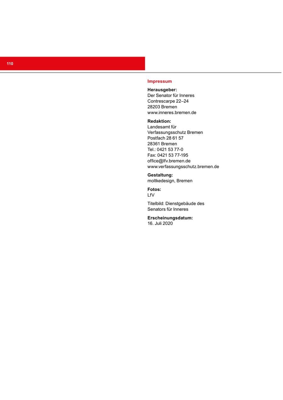 Seite 110 des Verfassungsschutzbericht 2019 Bremen