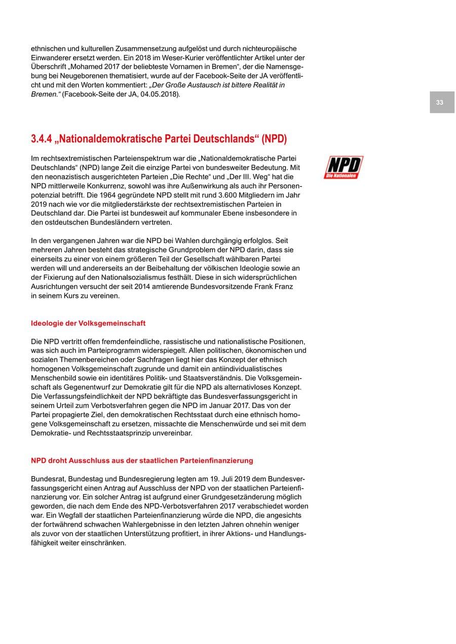 Seite 33 des Verfassungsschutzbericht 2019 Bremen