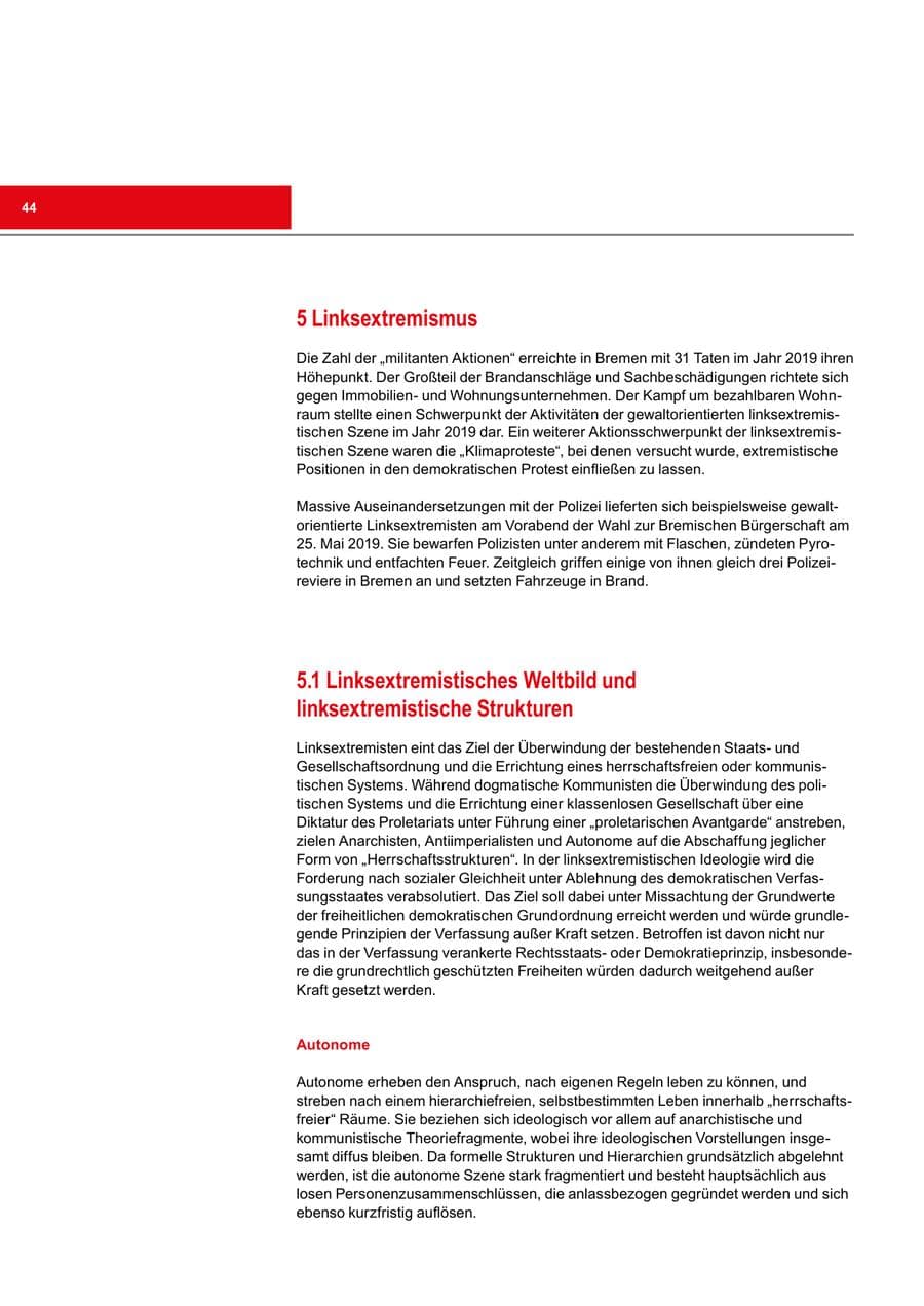 Seite 44 des Verfassungsschutzbericht 2019 Bremen