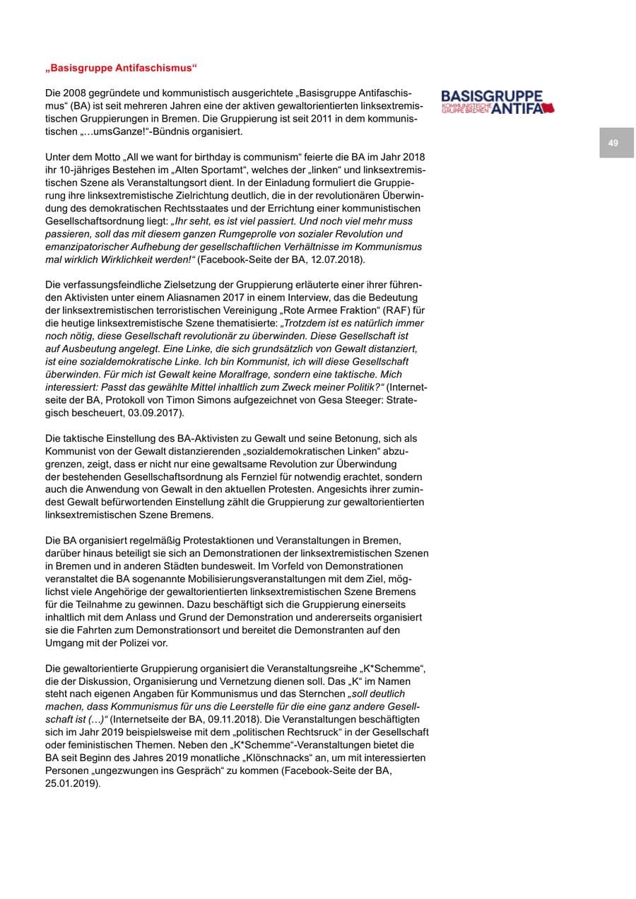 Seite 49 des Verfassungsschutzbericht 2019 Bremen