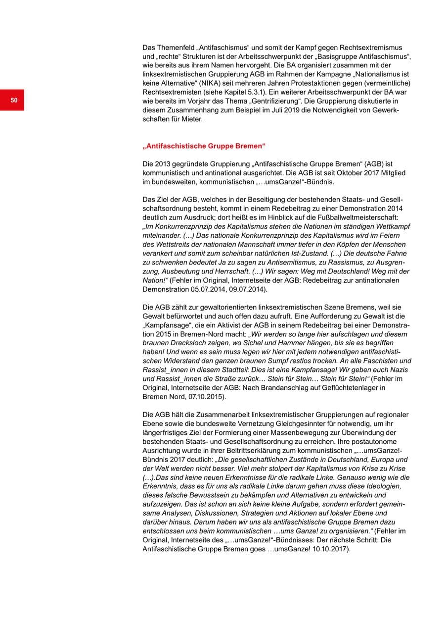 Seite 50 des Verfassungsschutzbericht 2019 Bremen
