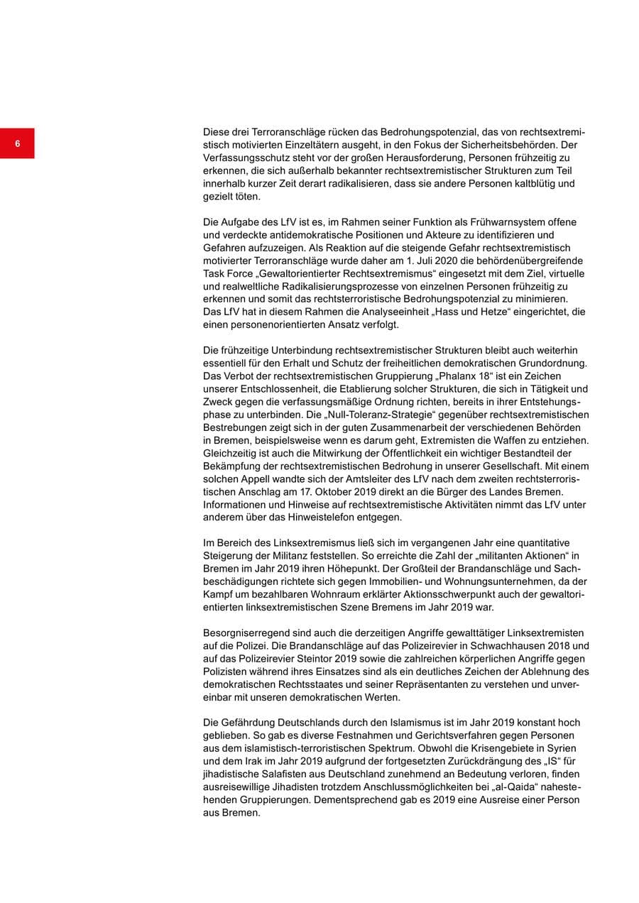 Seite 6 des Verfassungsschutzbericht 2019 Bremen
