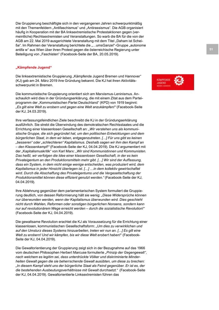 Seite 51 des Verfassungsschutzbericht 2019 Bremen