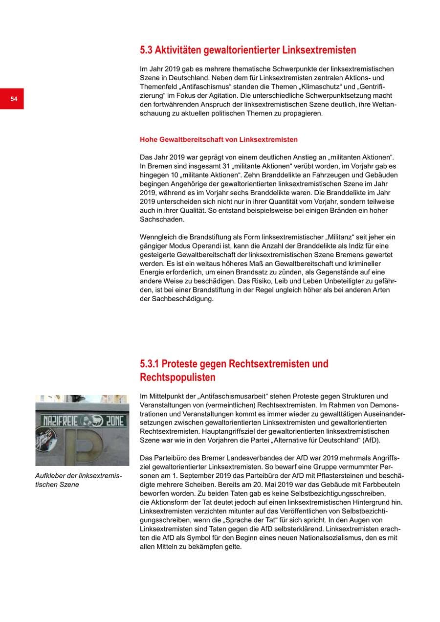 Seite 54 des Verfassungsschutzbericht 2019 Bremen