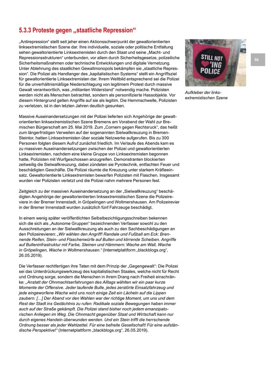 Seite 59 des Verfassungsschutzbericht 2019 Bremen