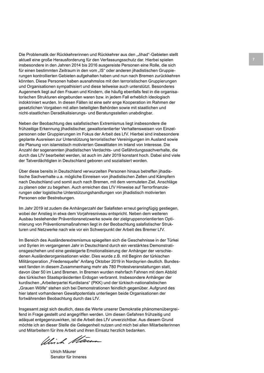 Seite 7 des Verfassungsschutzbericht 2019 Bremen