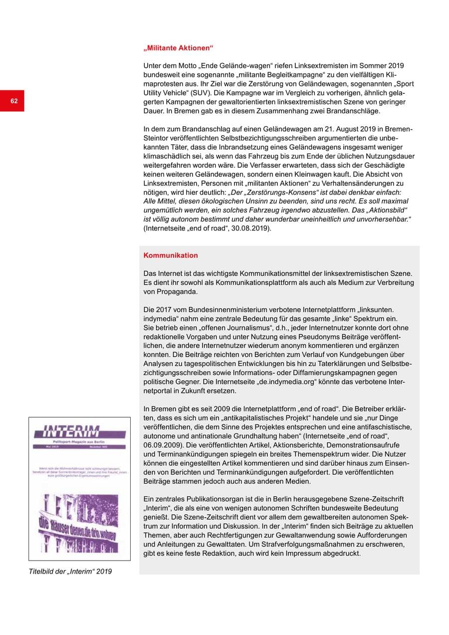 Seite 62 des Verfassungsschutzbericht 2019 Bremen