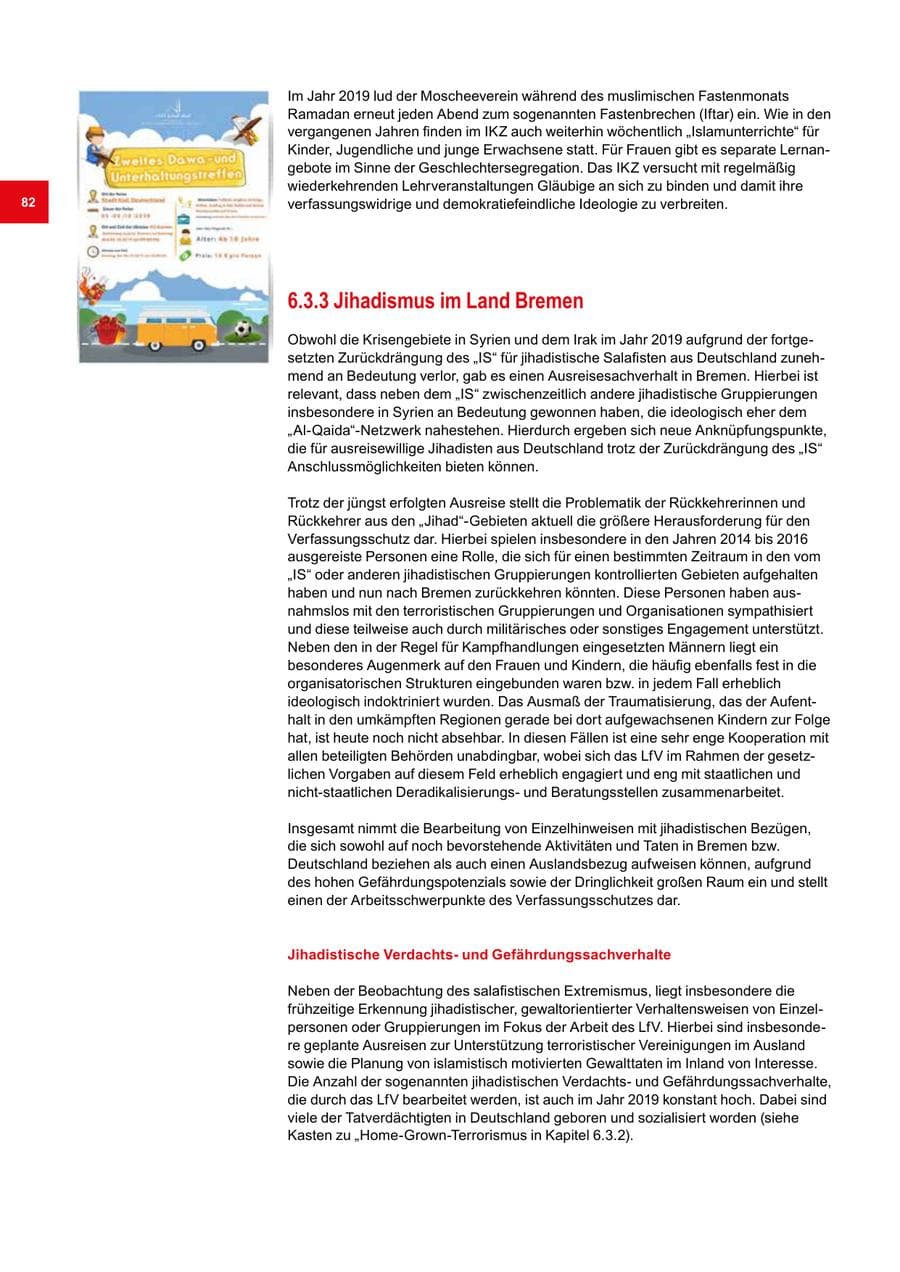 Seite 82 des Verfassungsschutzbericht 2019 Bremen
