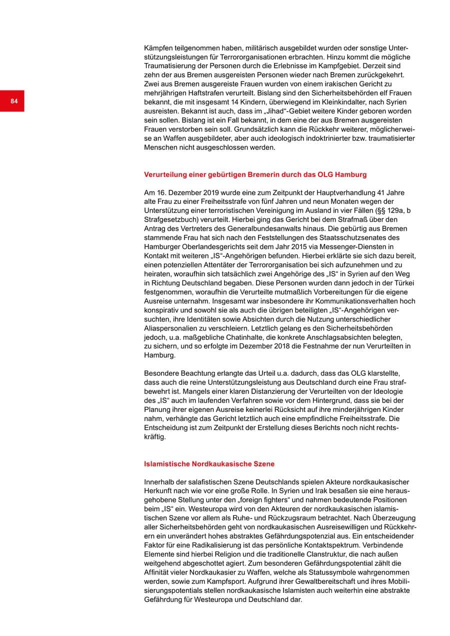 Seite 84 des Verfassungsschutzbericht 2019 Bremen