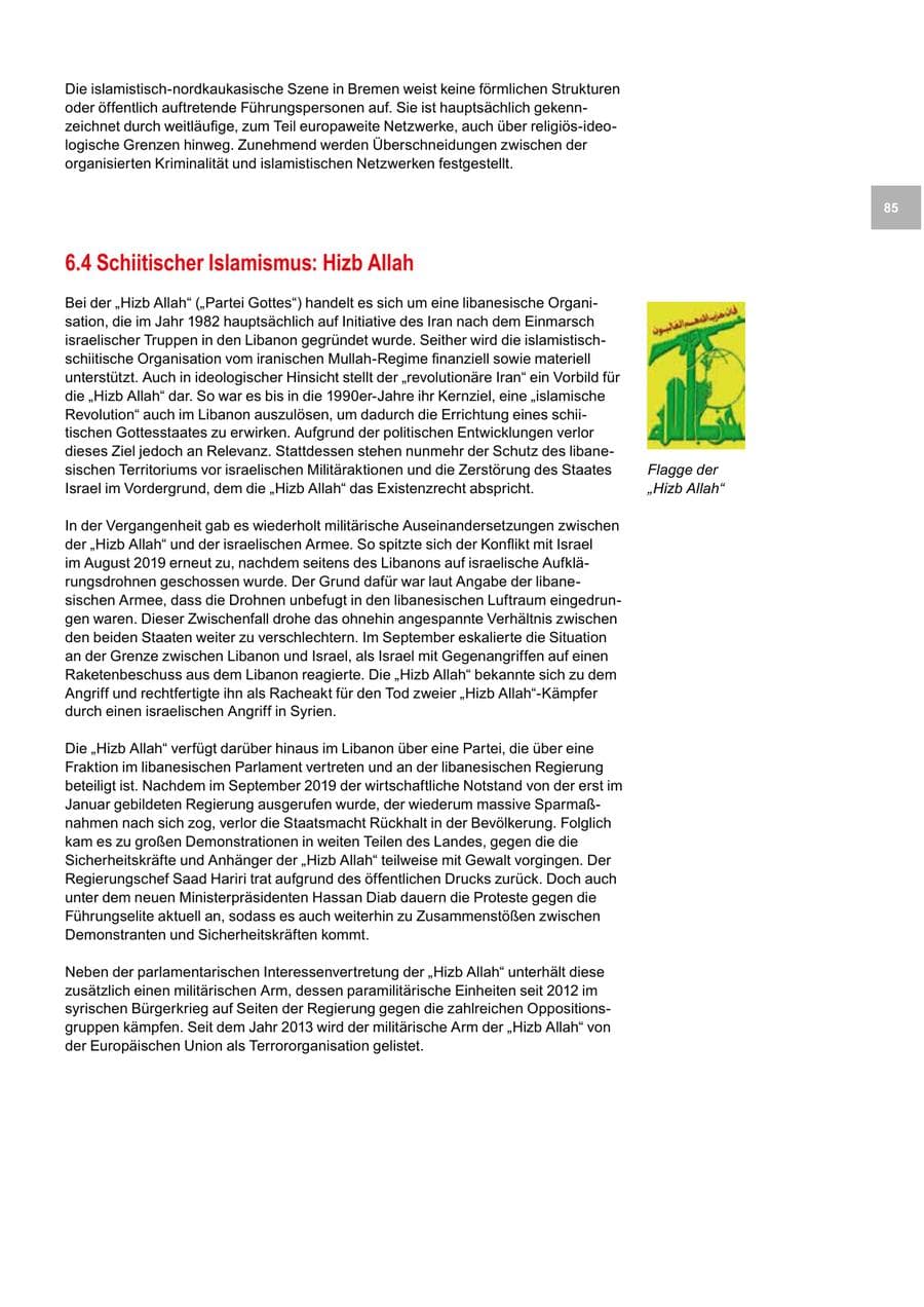 Seite 85 des Verfassungsschutzbericht 2019 Bremen