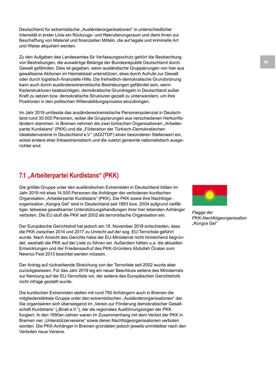 Seite 89 des Verfassungsschutzbericht 2019 Bremen