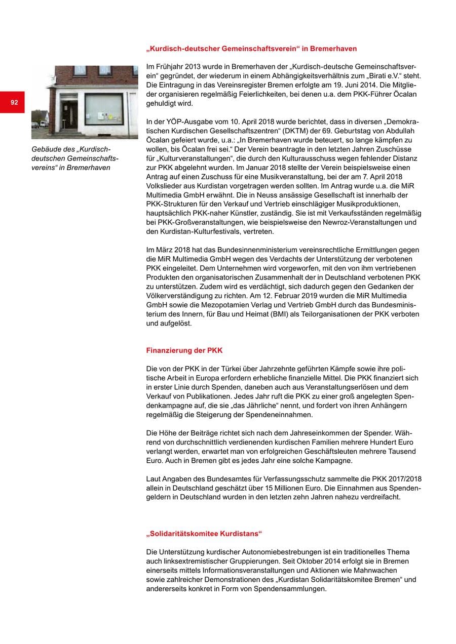 Seite 92 des Verfassungsschutzbericht 2019 Bremen