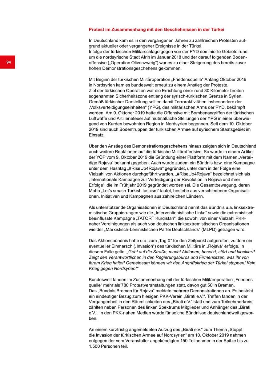 Seite 94 des Verfassungsschutzbericht 2019 Bremen