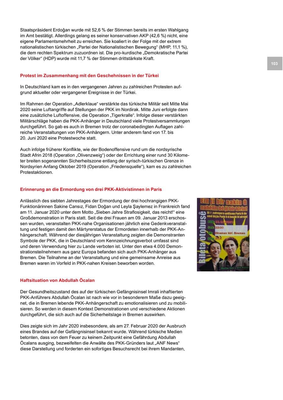Seite 103 des Verfassungsschutzbericht 2020 Bremen