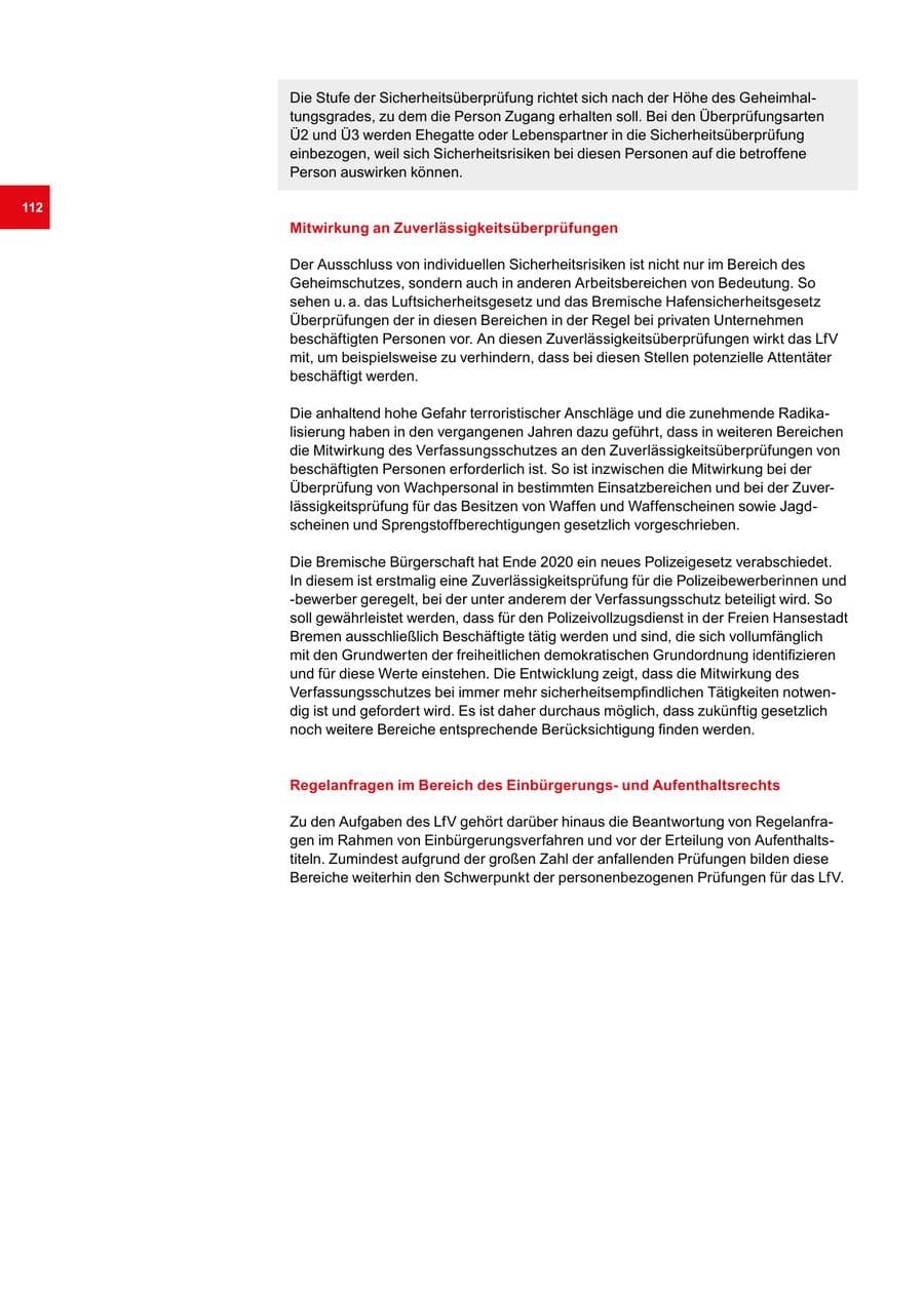 Seite 112 des Verfassungsschutzbericht 2020 Bremen