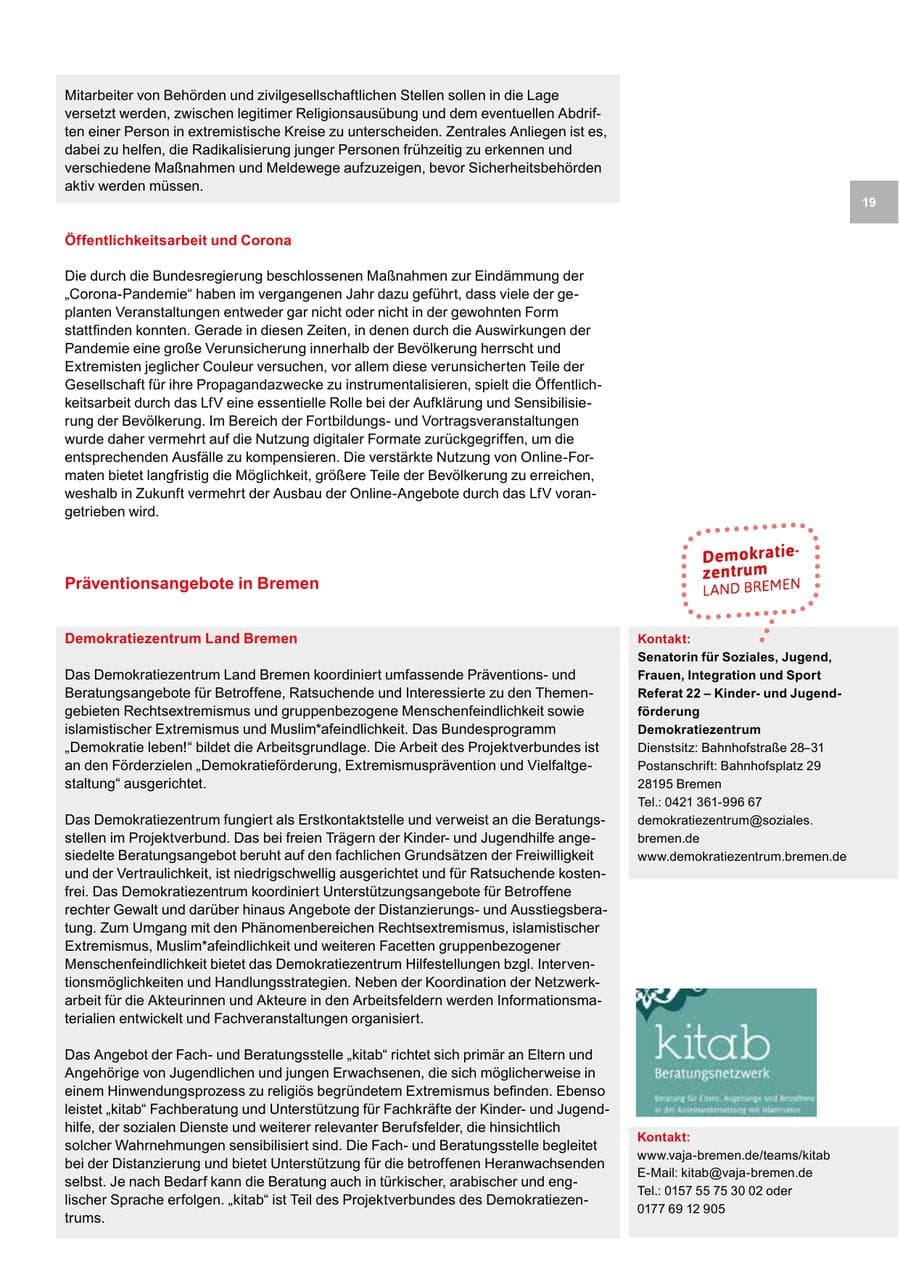 Seite 19 des Verfassungsschutzbericht 2020 Bremen