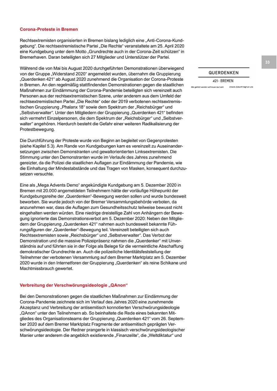 Seite 33 des Verfassungsschutzbericht 2020 Bremen
