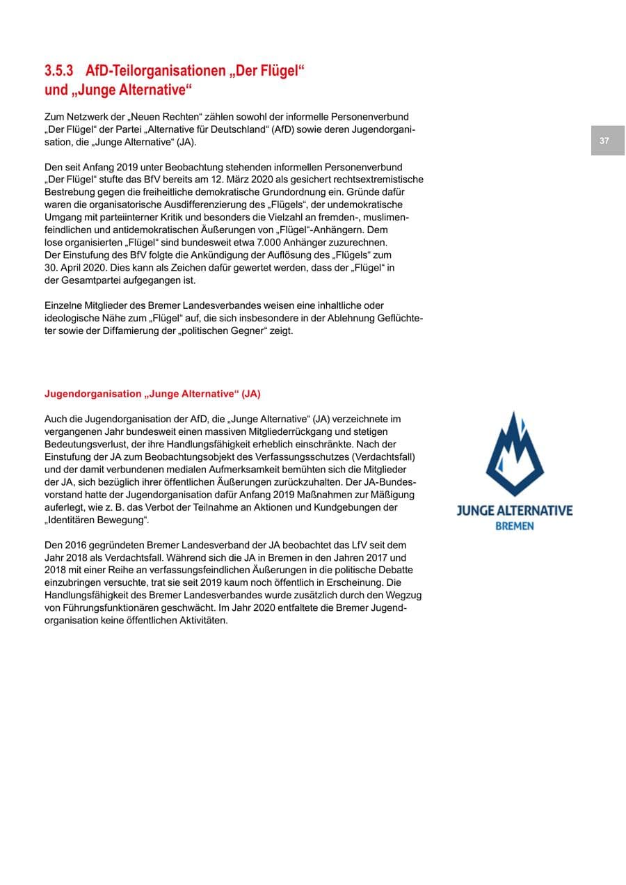 Seite 37 des Verfassungsschutzbericht 2020 Bremen