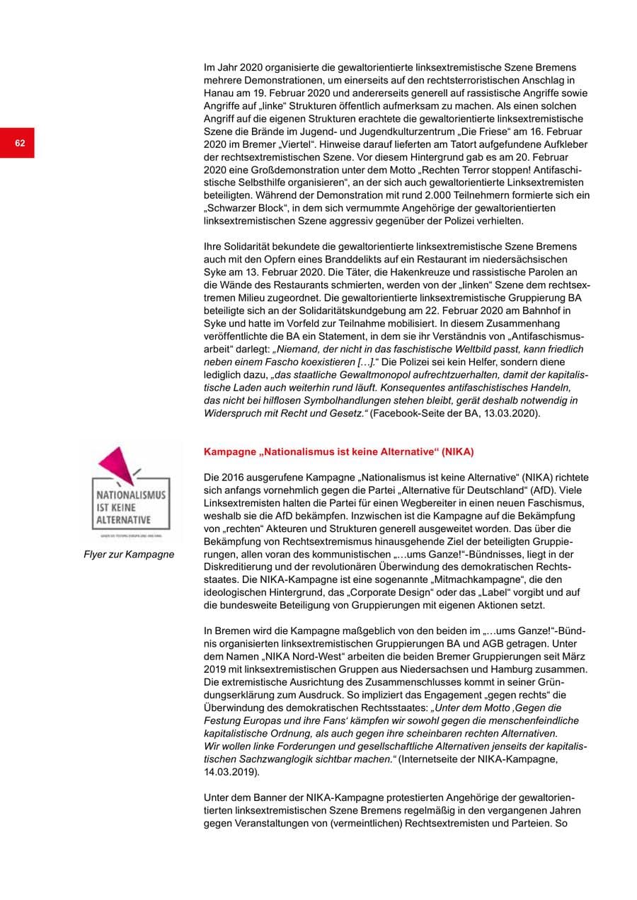 Seite 62 des Verfassungsschutzbericht 2020 Bremen