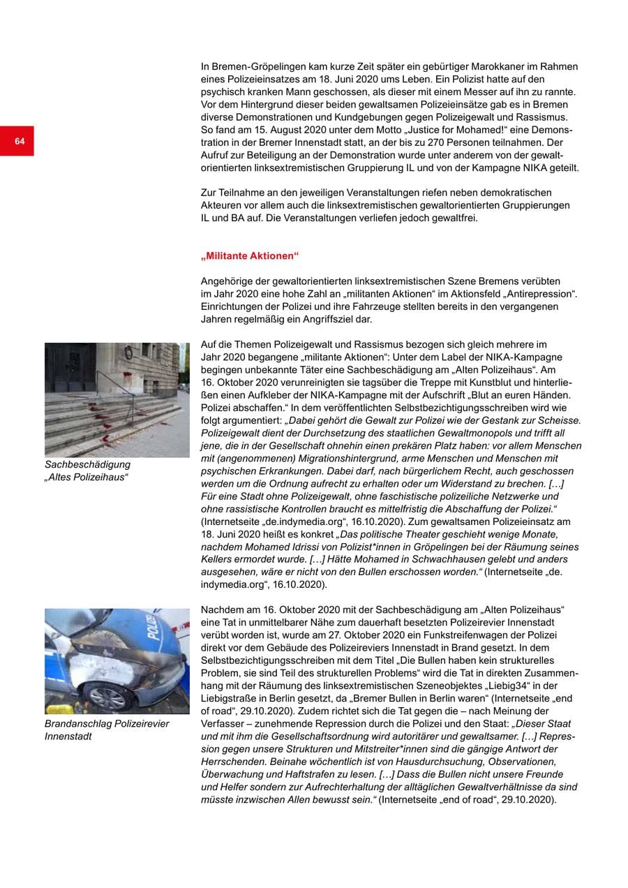 Seite 64 des Verfassungsschutzbericht 2020 Bremen