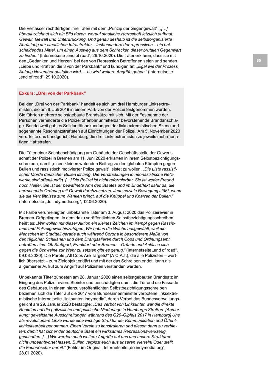 Seite 65 des Verfassungsschutzbericht 2020 Bremen