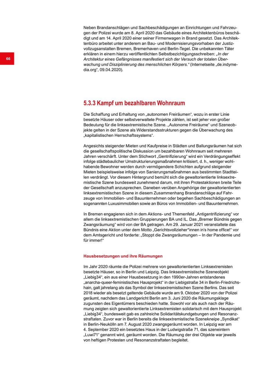 Seite 66 des Verfassungsschutzbericht 2020 Bremen
