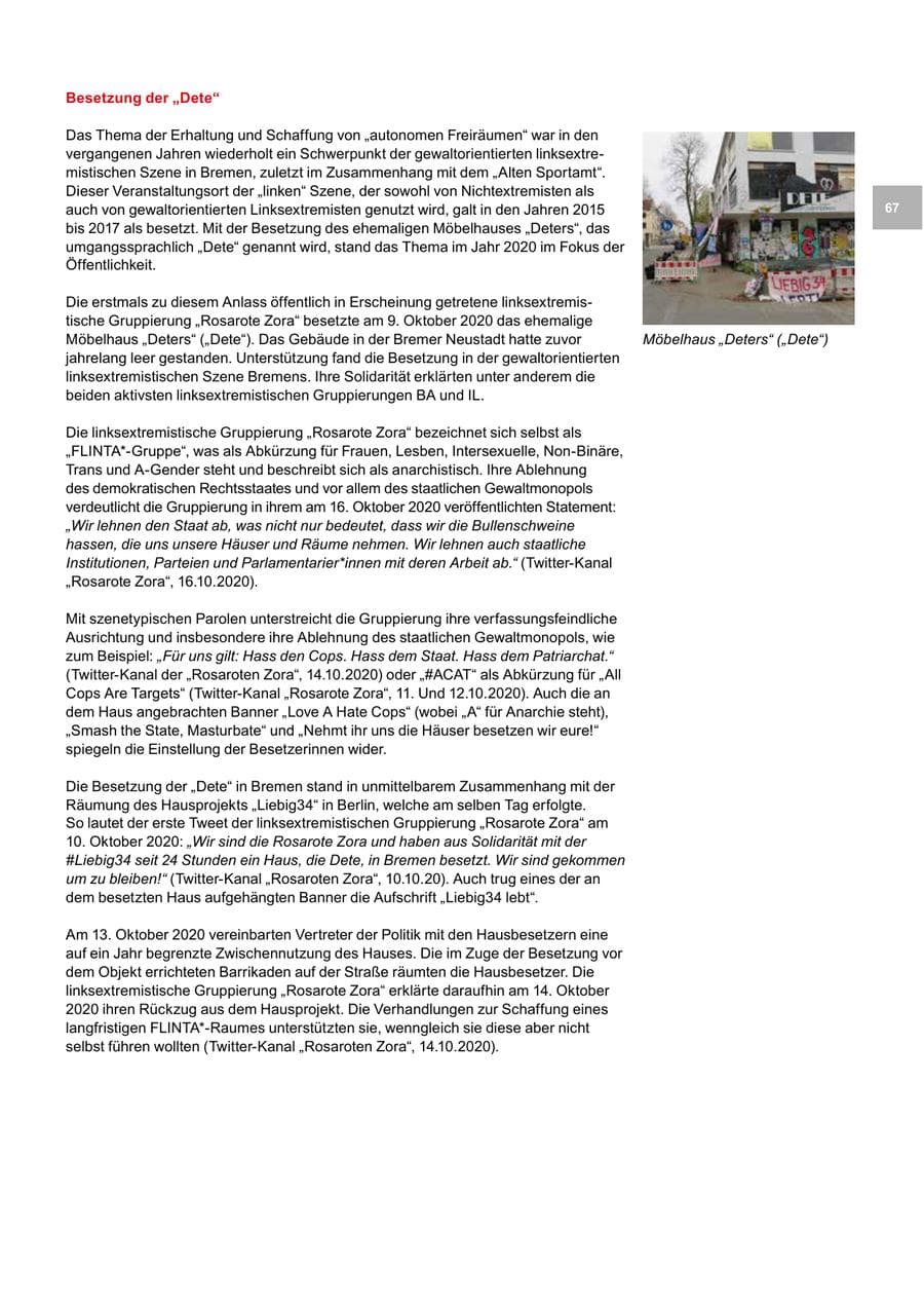 Seite 67 des Verfassungsschutzbericht 2020 Bremen