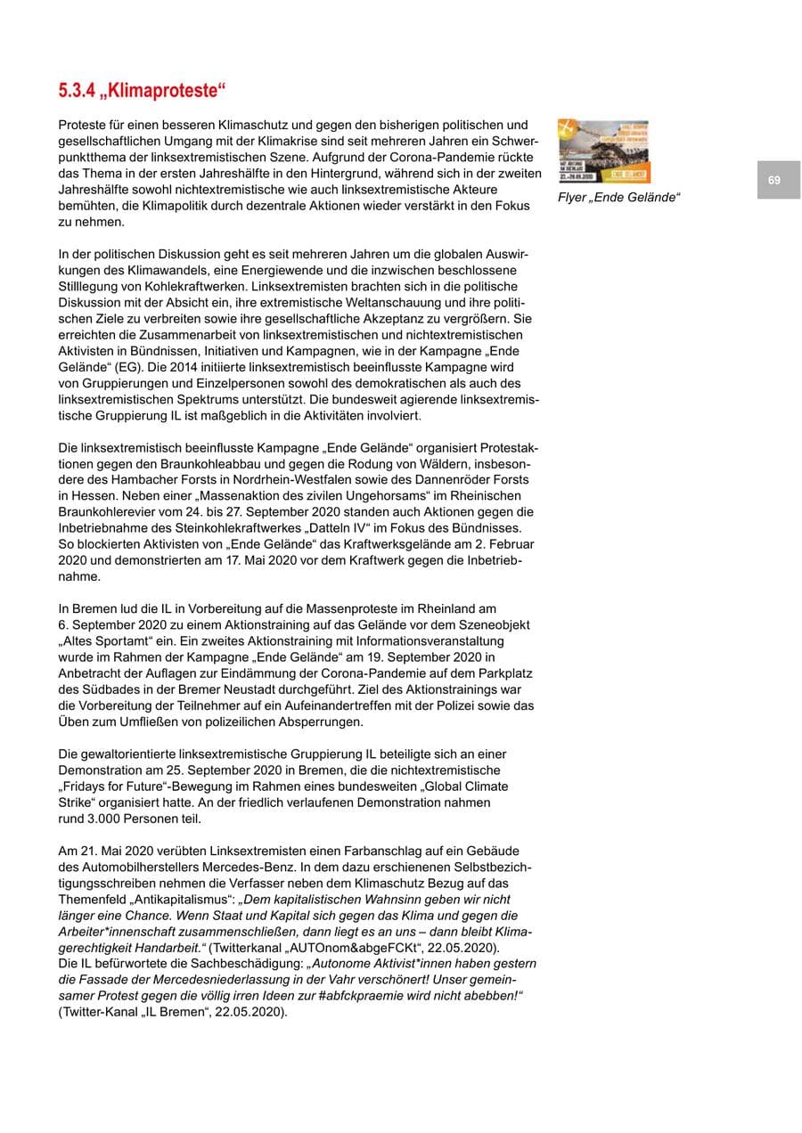 Seite 69 des Verfassungsschutzbericht 2020 Bremen