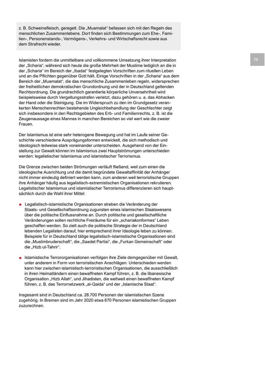 Seite 73 des Verfassungsschutzbericht 2020 Bremen