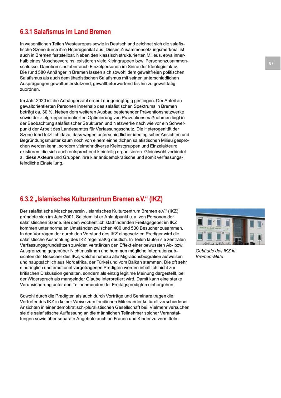 Seite 87 des Verfassungsschutzbericht 2020 Bremen