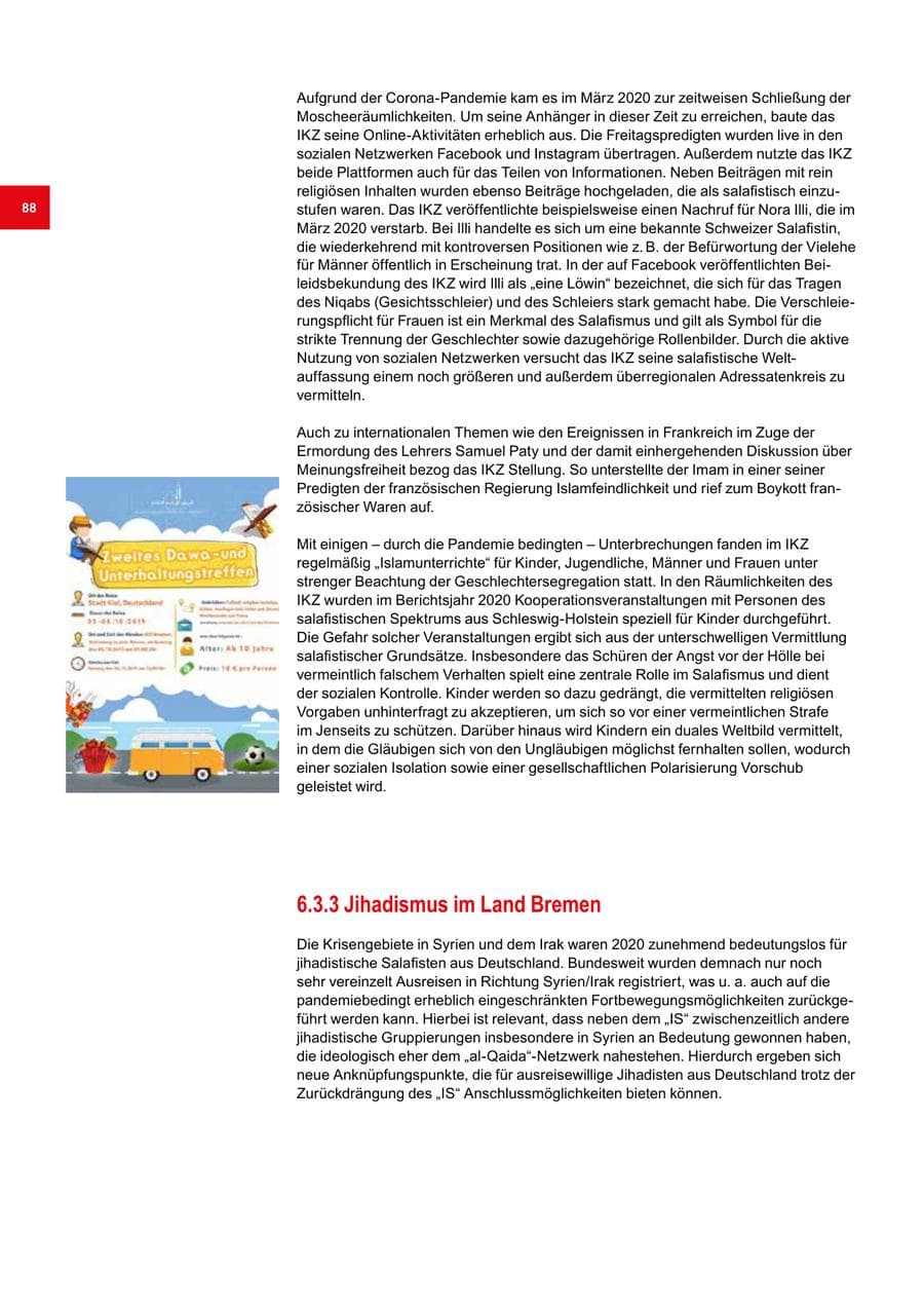 Seite 88 des Verfassungsschutzbericht 2020 Bremen